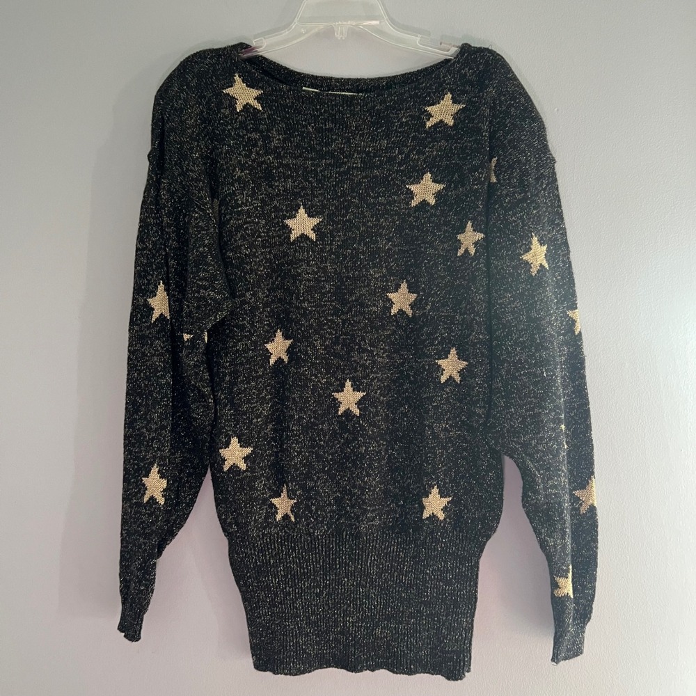 Lynn Novak Black Gold Metallic Star Knit Tunic Sweater Women‎ Size Large Vintage